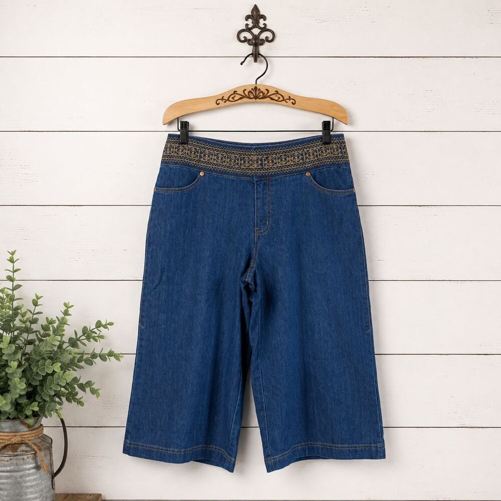 Bill Blass Denim Capri Jeans Size 10 Blue Wide Leg Embroidered Waist 2 Pockets
